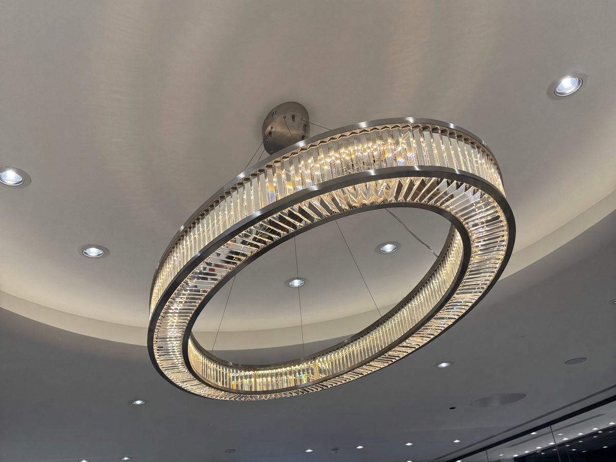 The finished 2m elliptical crystal pendant seen from below on the shop floor