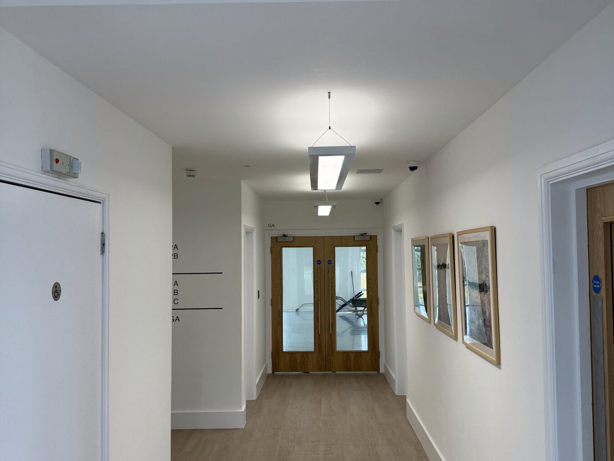 A refurbished corridor in a multi-tenant building