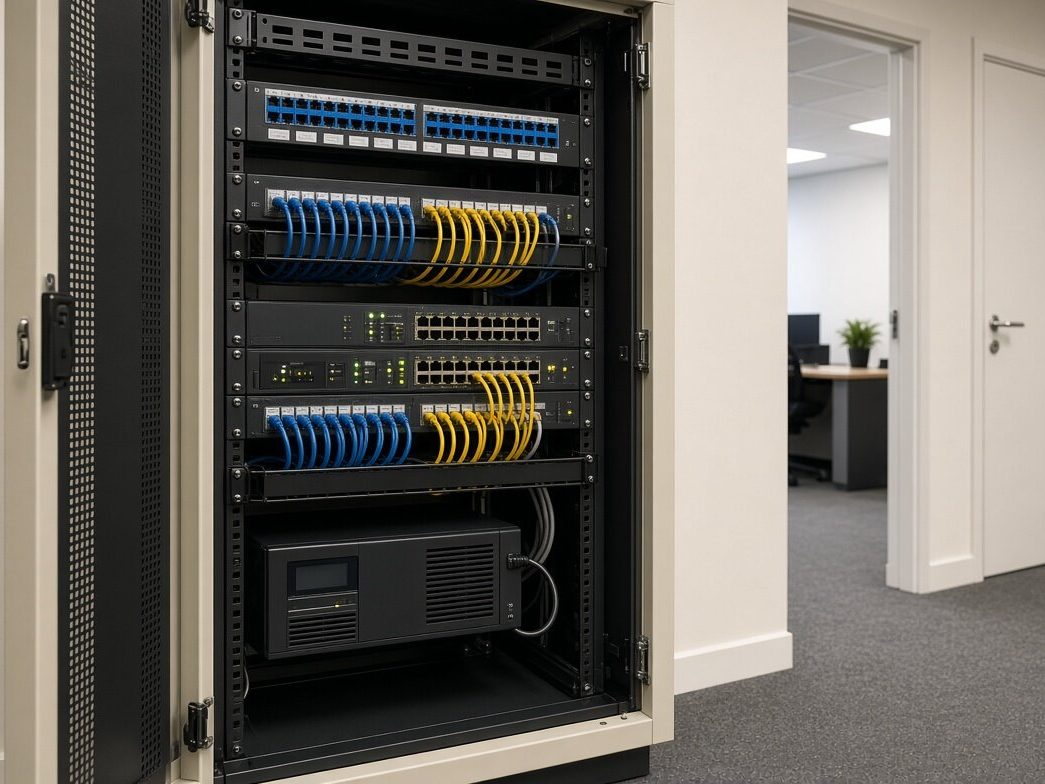 Patch panels and switches in a comms cabinet