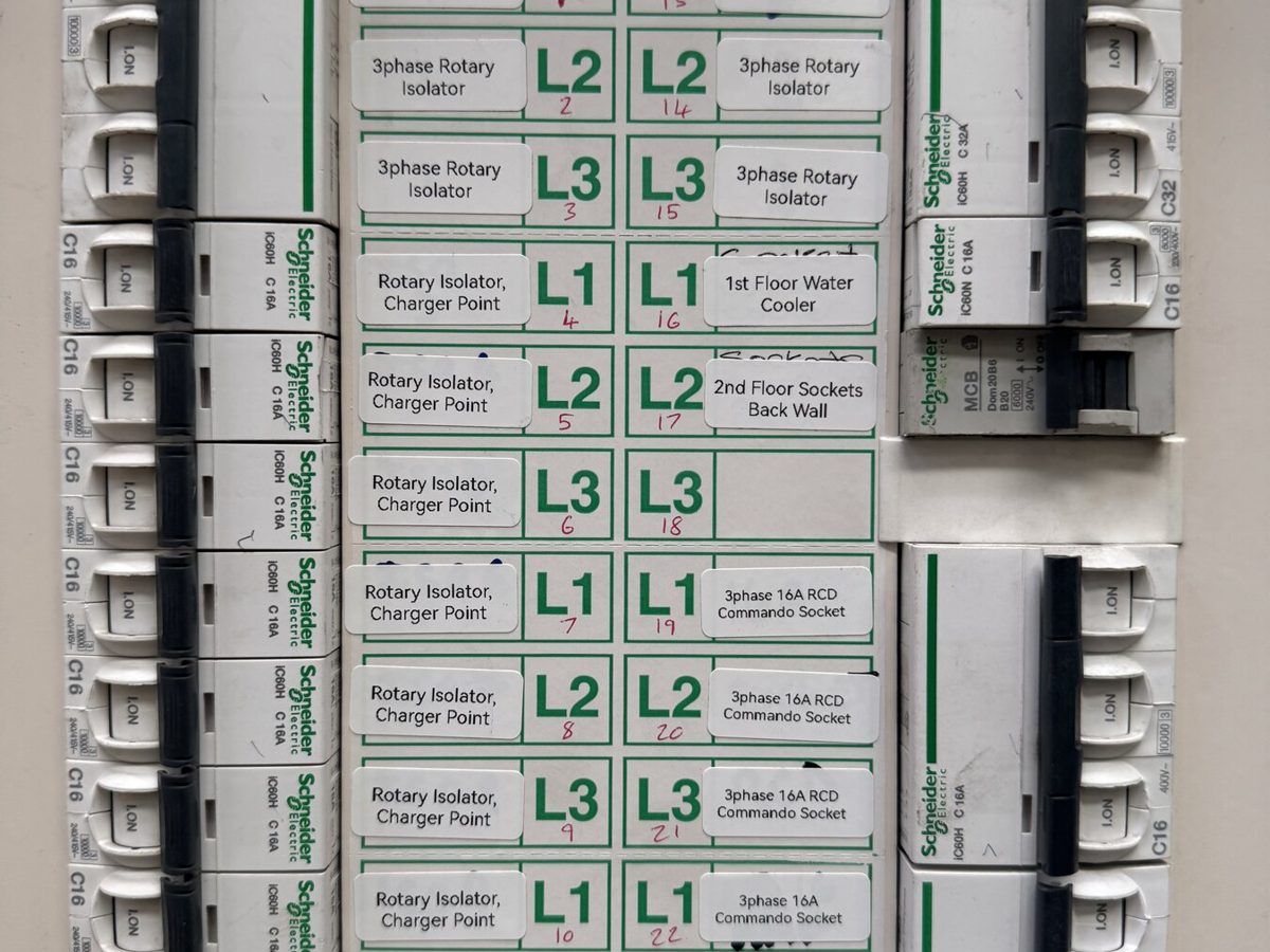 A labelled distribution board with rotary isolators