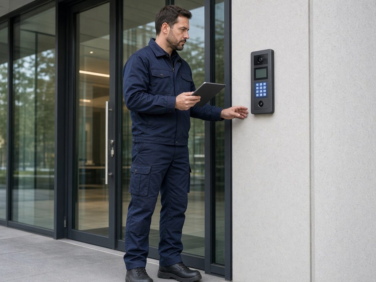 An engineer servicing a door entry panel at a building entrance
