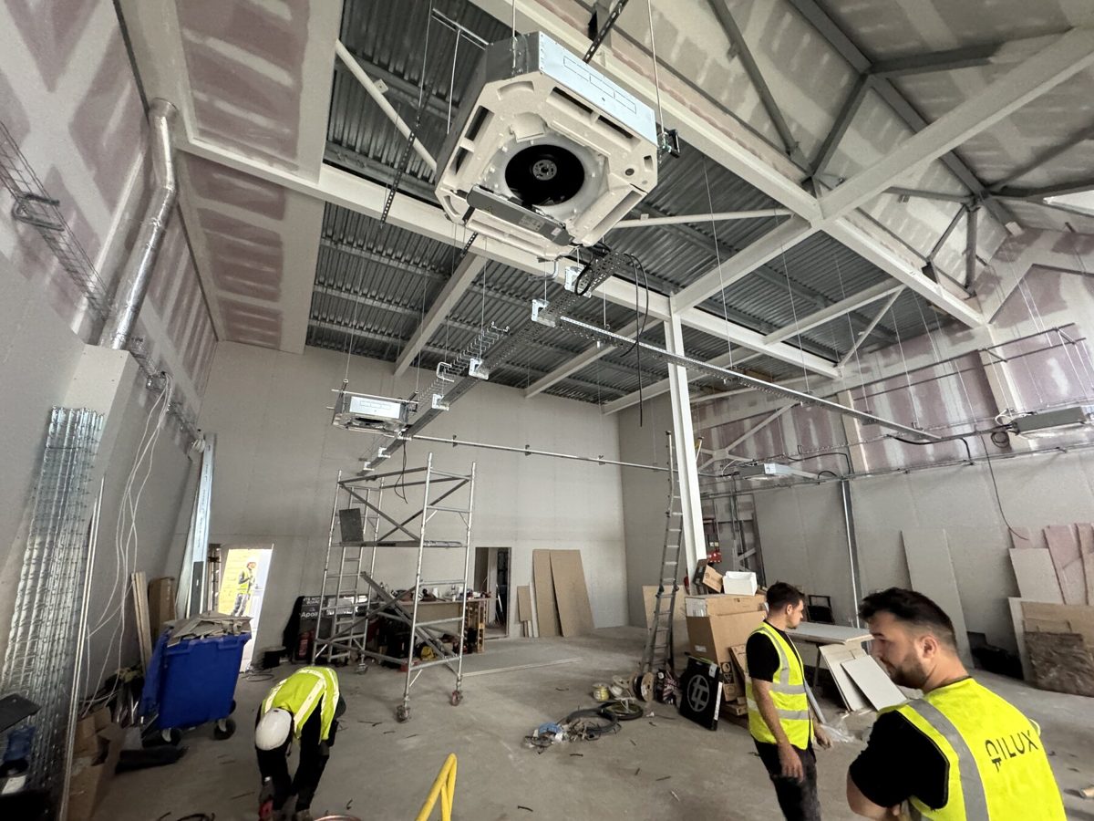 The cassette unit being installed in the ceiling