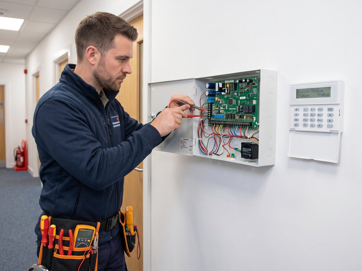 An engineer servicing an intruder alarm panel