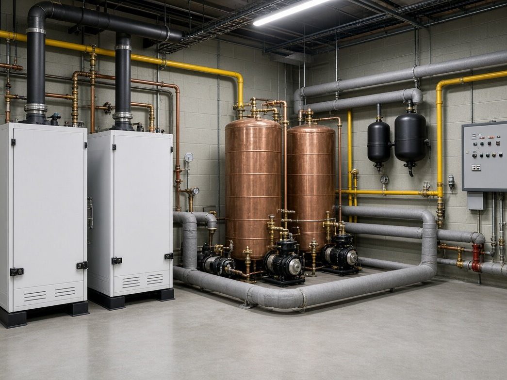 A commercial plant room with boilers and hot water cylinders
