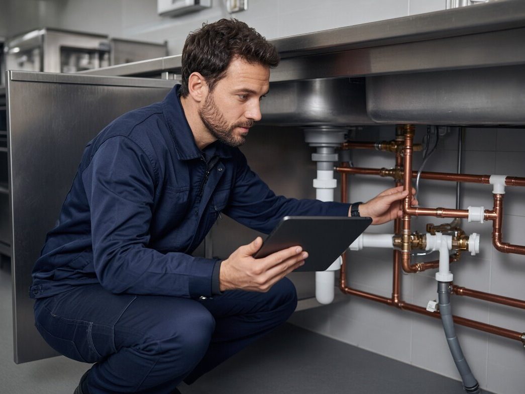 An engineer working on pipework under a sink