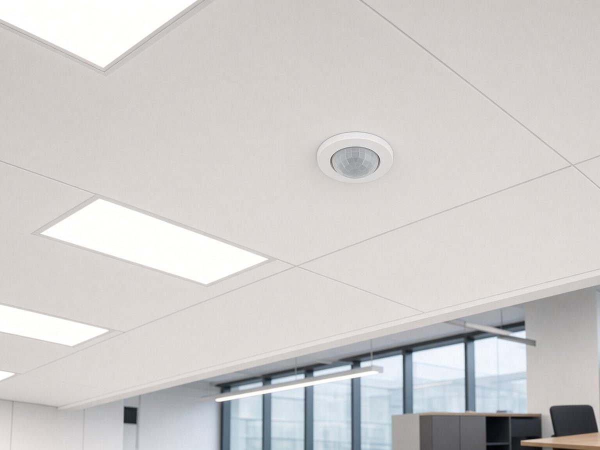 A presence sensor mounted in an office ceiling