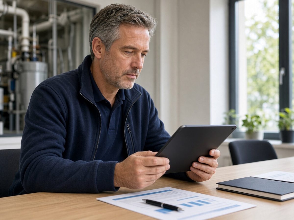A facilities manager reviewing a site compliance report