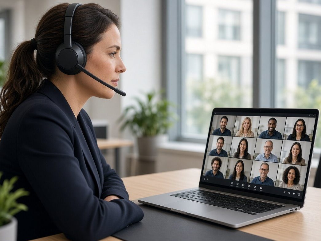 A Teams call on a laptop with a headset