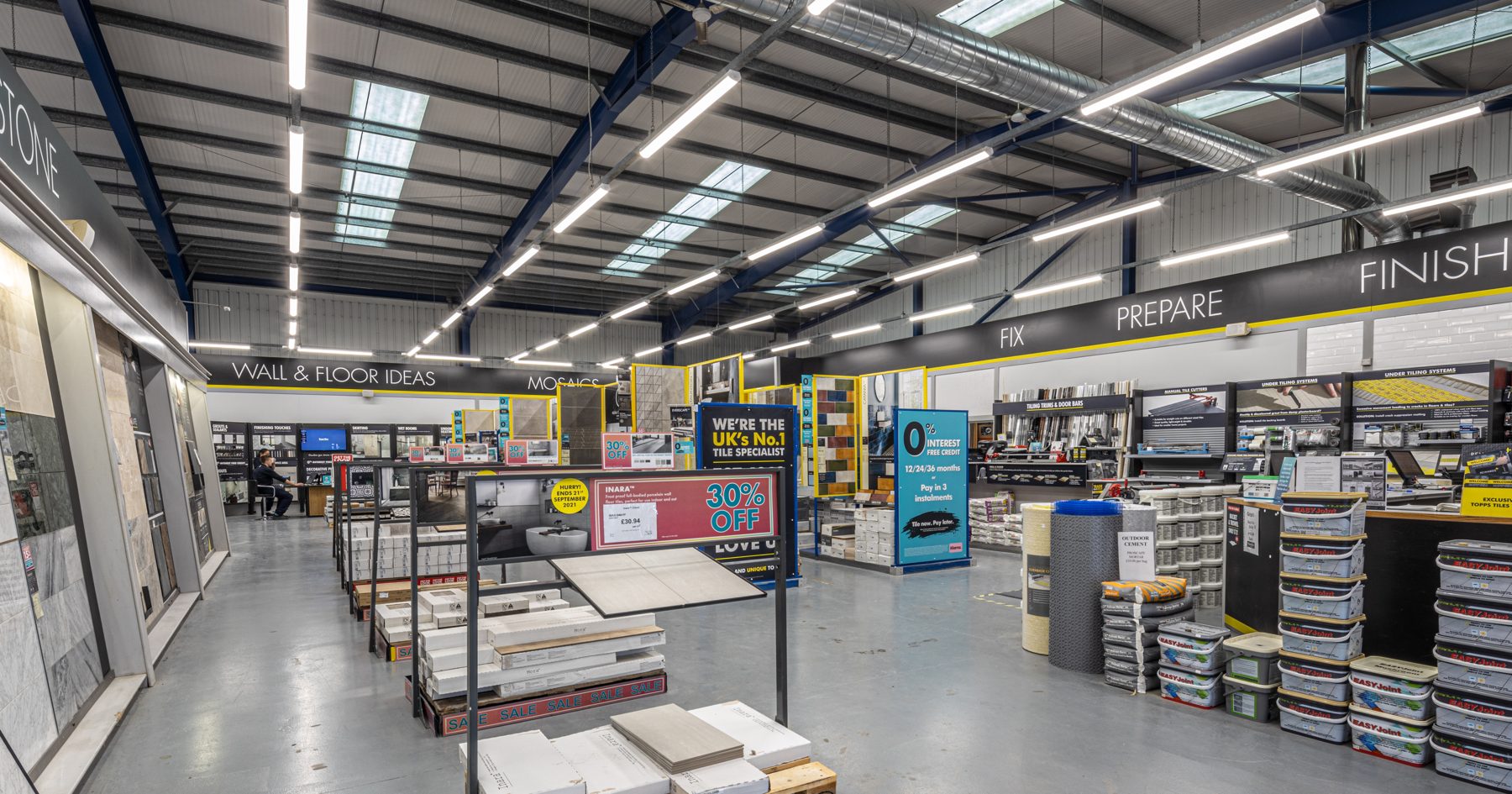 A Topps Tiles showroom lit by rows of new LED battens