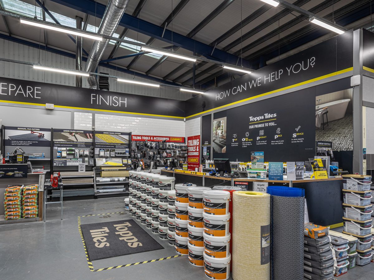 The trade counter and tiling tools area under the new lighting