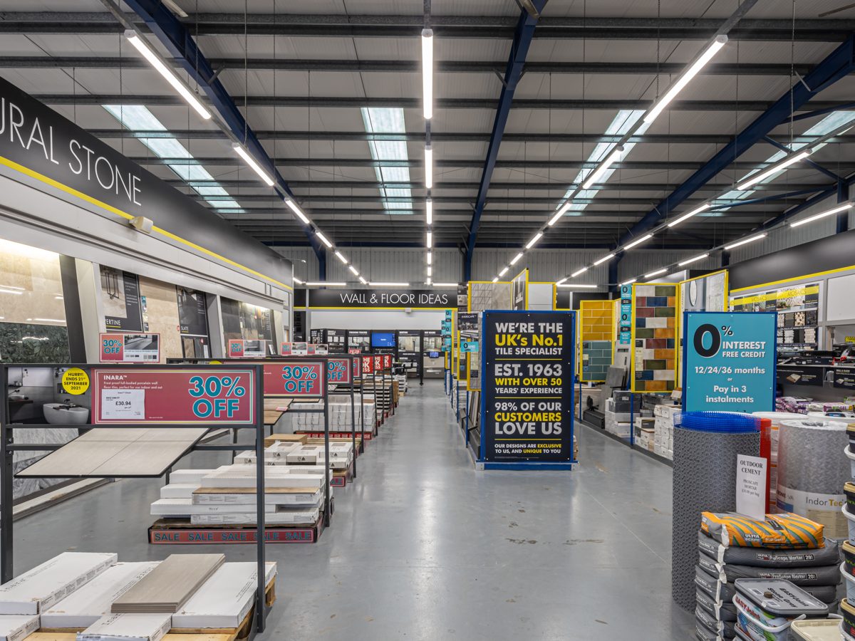 A Topps Tiles showroom lit by new LED battens